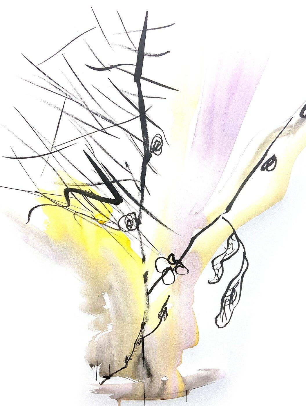 Abstract ink linework study with soft yellow and lilac washes