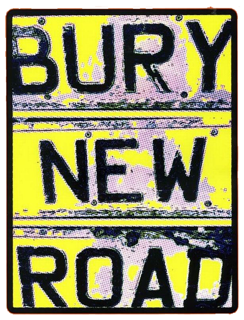 Bury New Road street sign, stylised in yellow and black