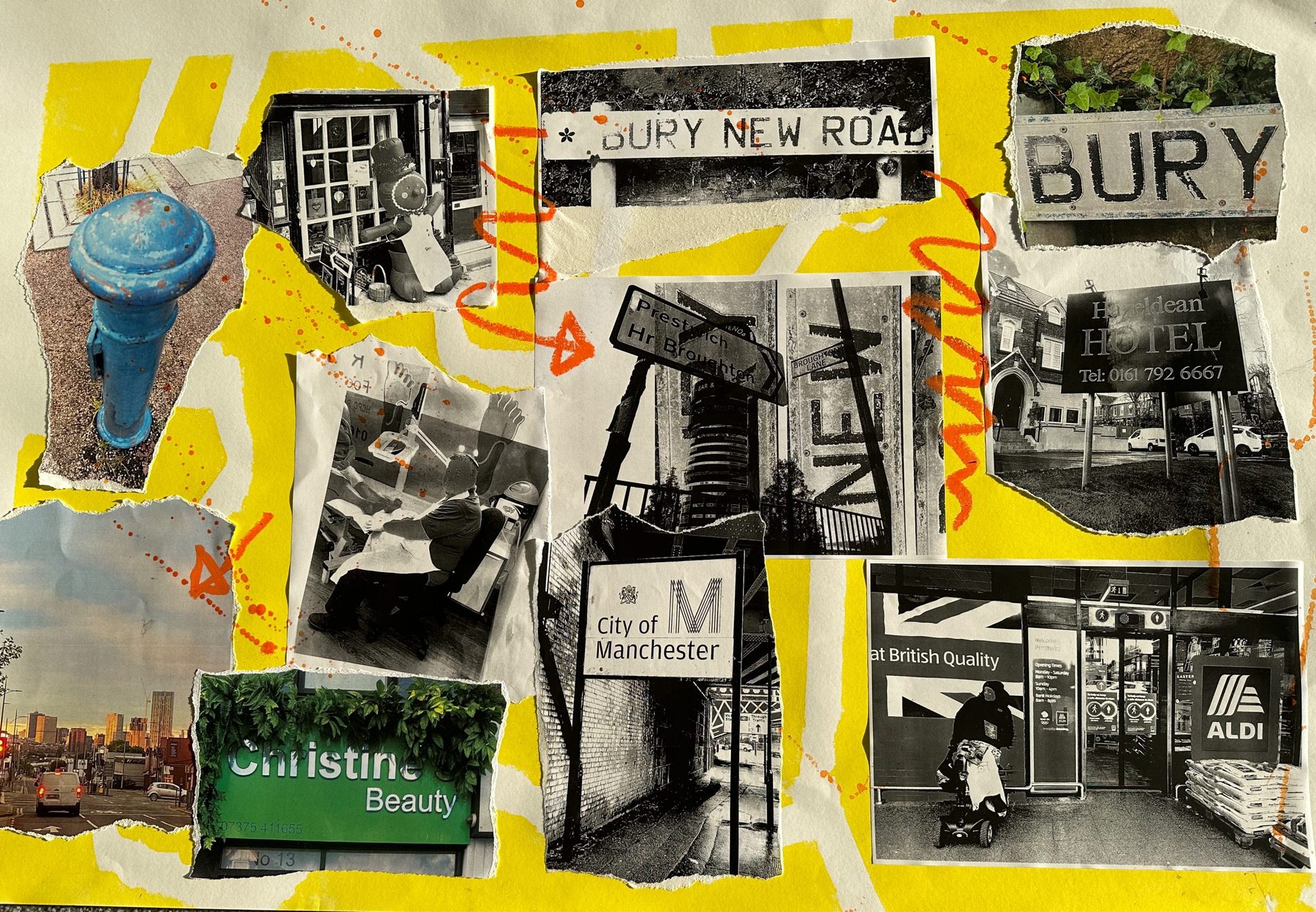 Bury New Road collage sheet featuring the street sign and local shopfronts
