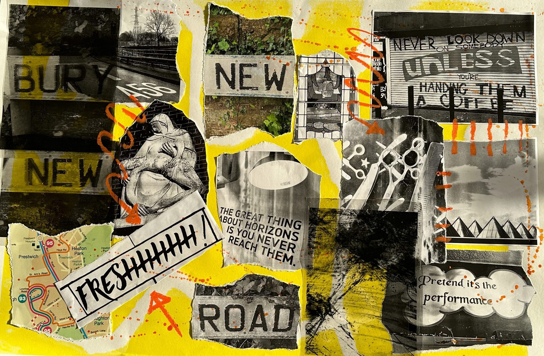 Bury New Road collage sheet with street signage and local landmarks