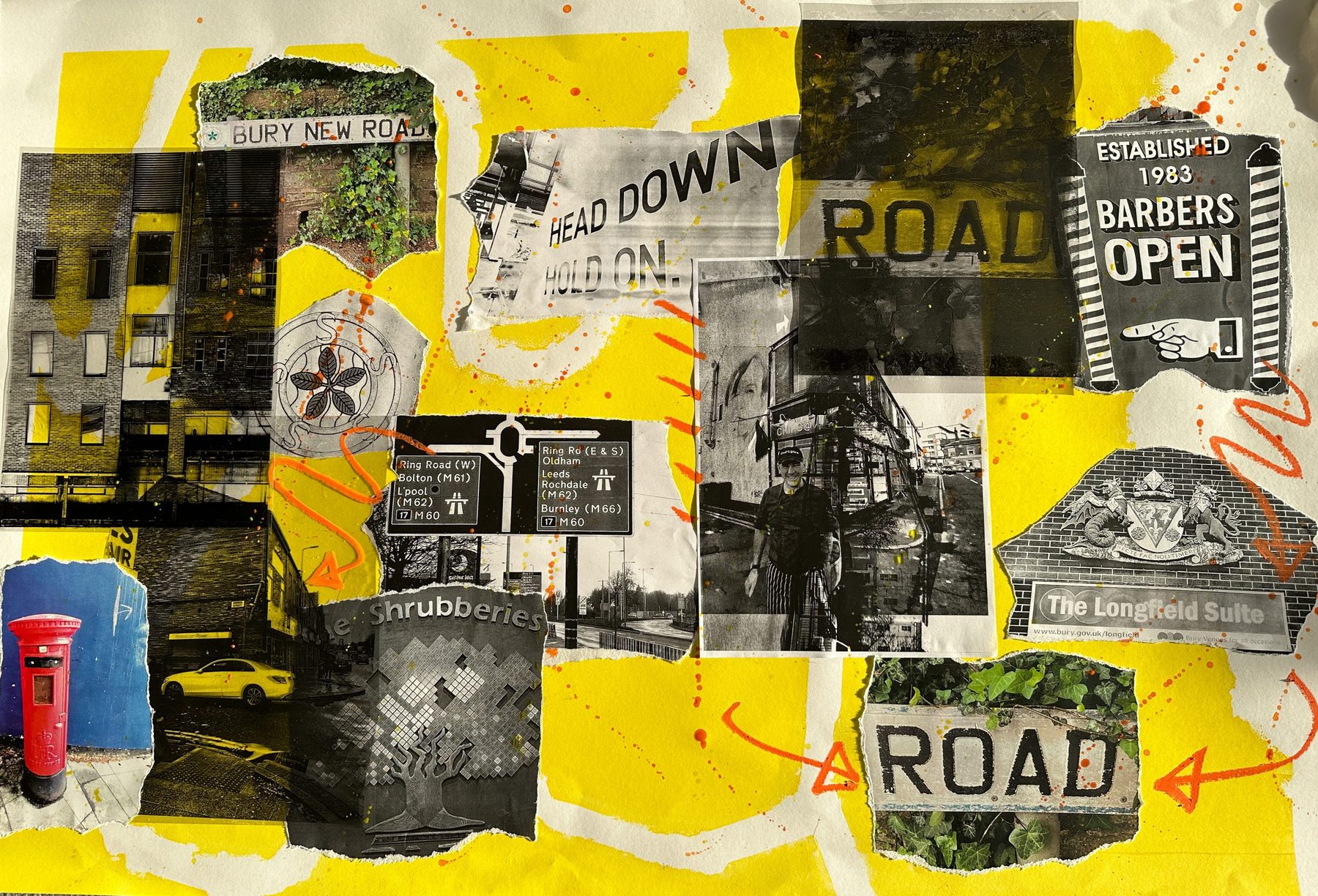 Bury New Road collage sheet featuring the street sign and Bury town centre