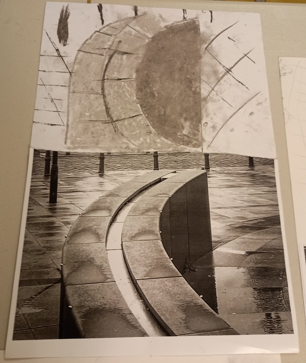 A charcoal rubbing artwork by The Fed Mental Wellbeing Group paired with the black and white photograph of the curved stone bench it was taken from