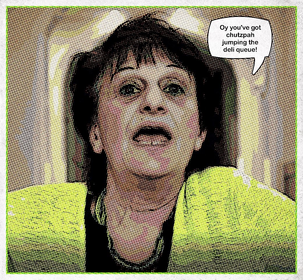 Julie, from the Alevai women's group, in a stylised halftone illustration for The North Manchester Yiddish Dictionary film, saying ‘Oy you’ve got chutzpah jumping the deli queue!’