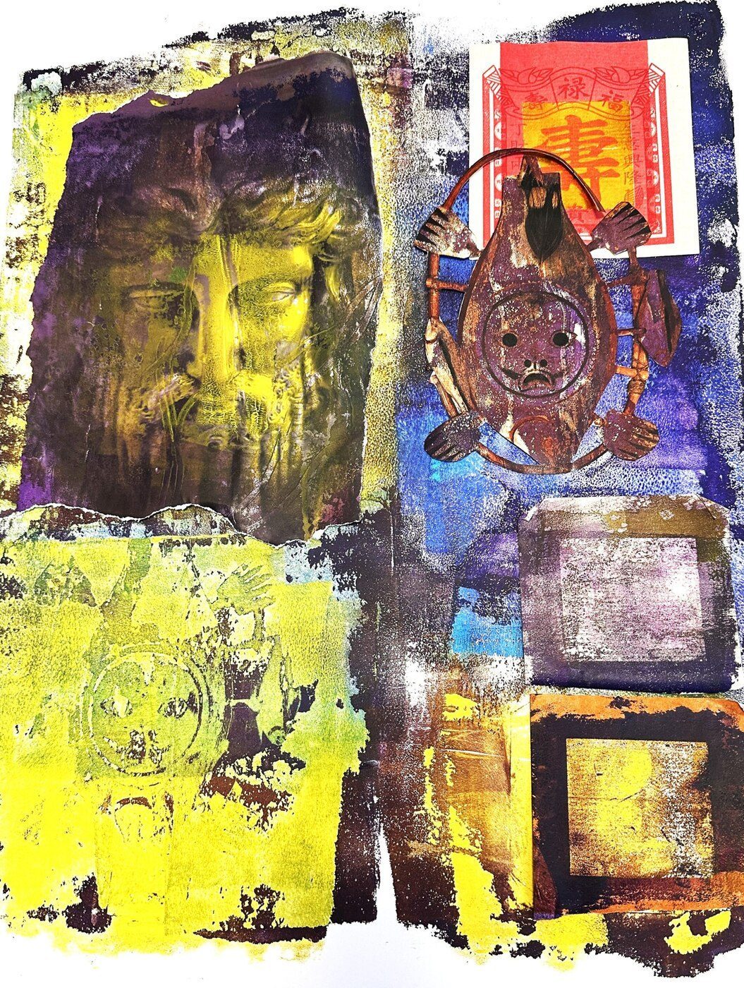 Mixed-media collage combining a weathered stone face, gold-leaf motifs and Chinese ephemera