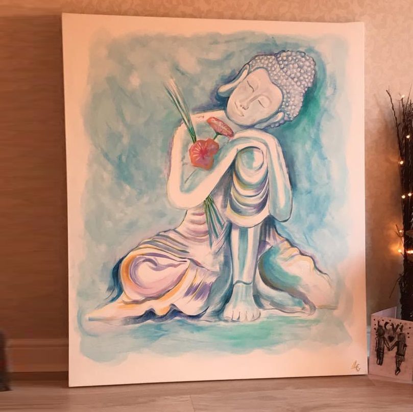 Painting of a seated Buddha figure holding flowers, in blue and teal tones