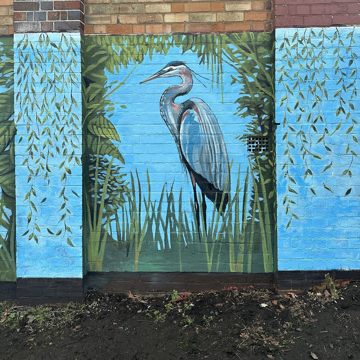Detail of the heron panel from the Trittiford Park wildlife mural