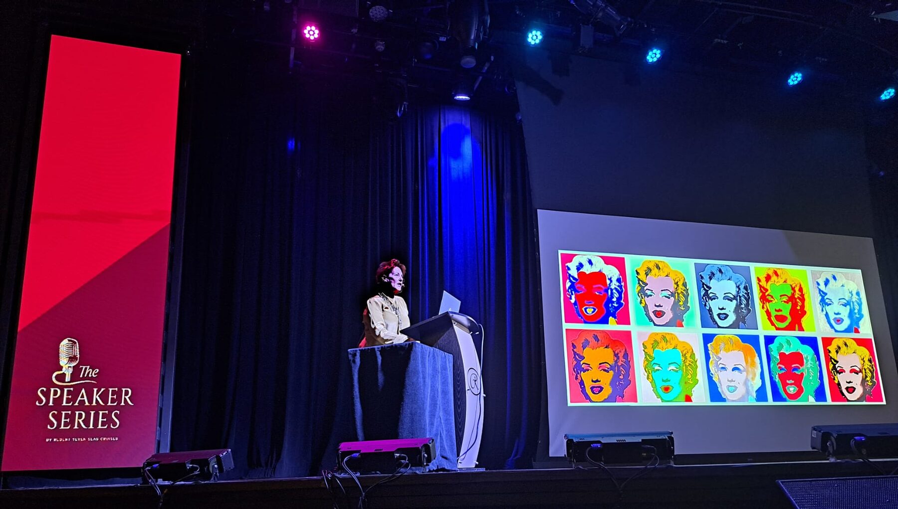 Louise Garman's talk slide featuring Andy Warhol's Marilyn Monroe screenprint, part of The Speaker Series
