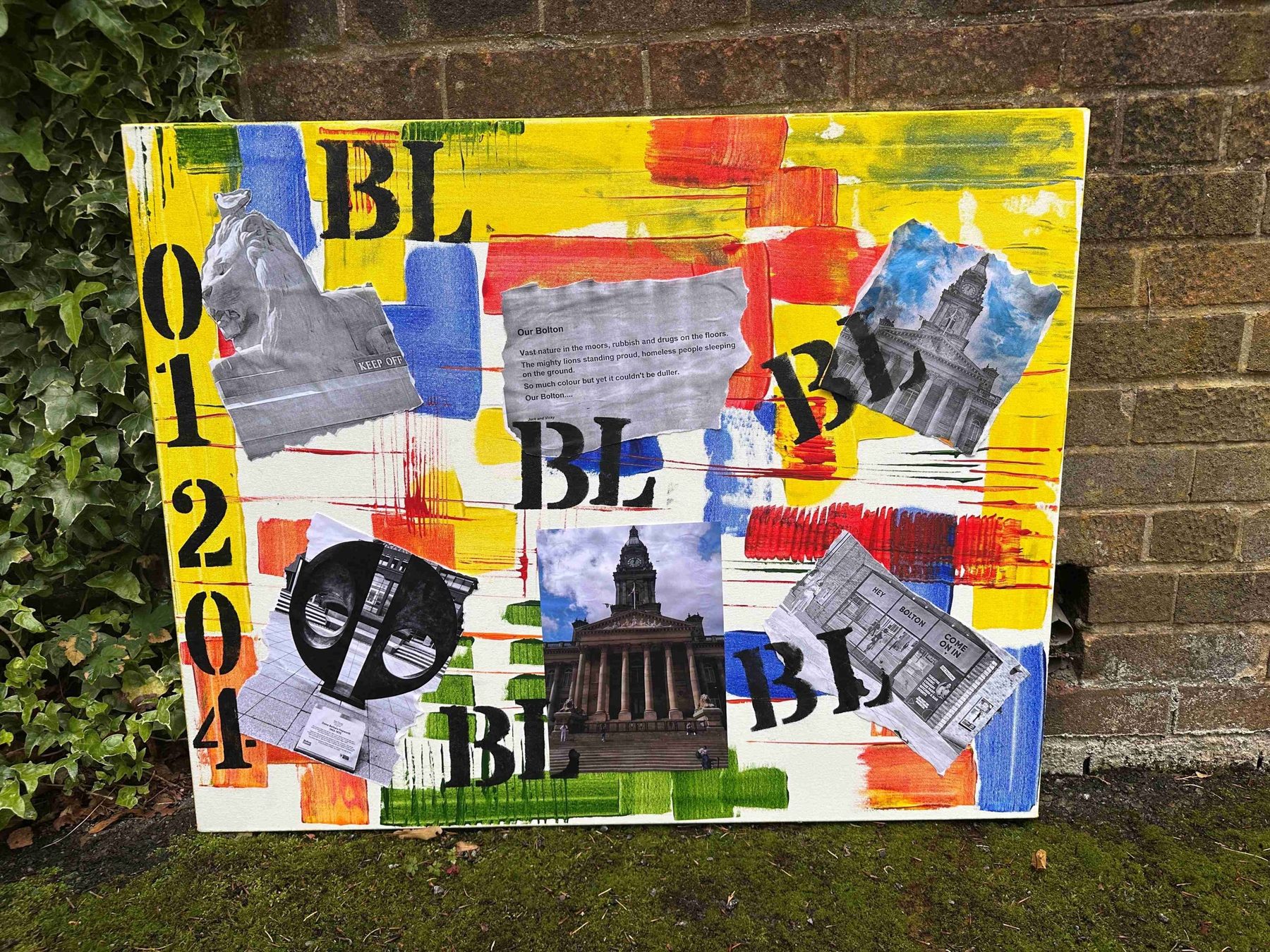 Our Bolton canvas featuring the town's lion sculptures, town hall and a participant's poem
