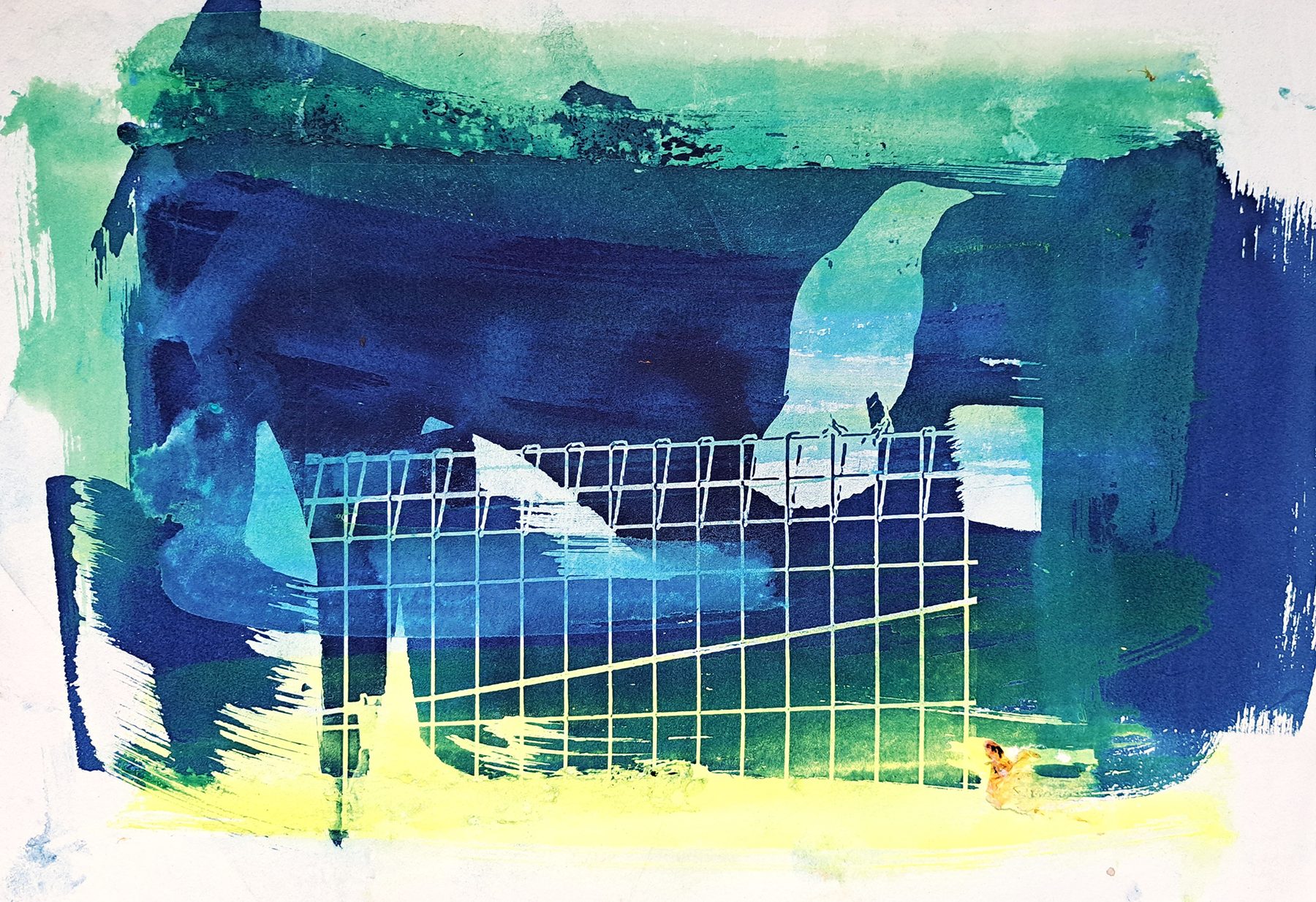 Bird on a Wire — silkscreen detail in blue and green
