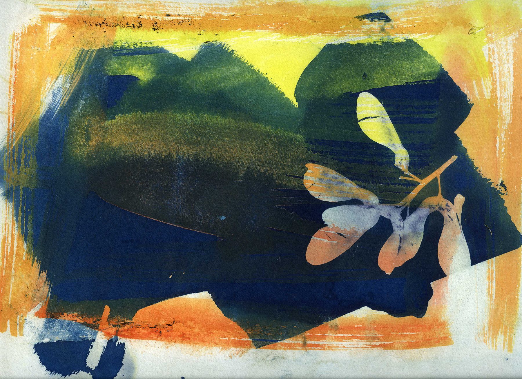 Helicopter — silkscreen detail with sycamore seeds in orange and green