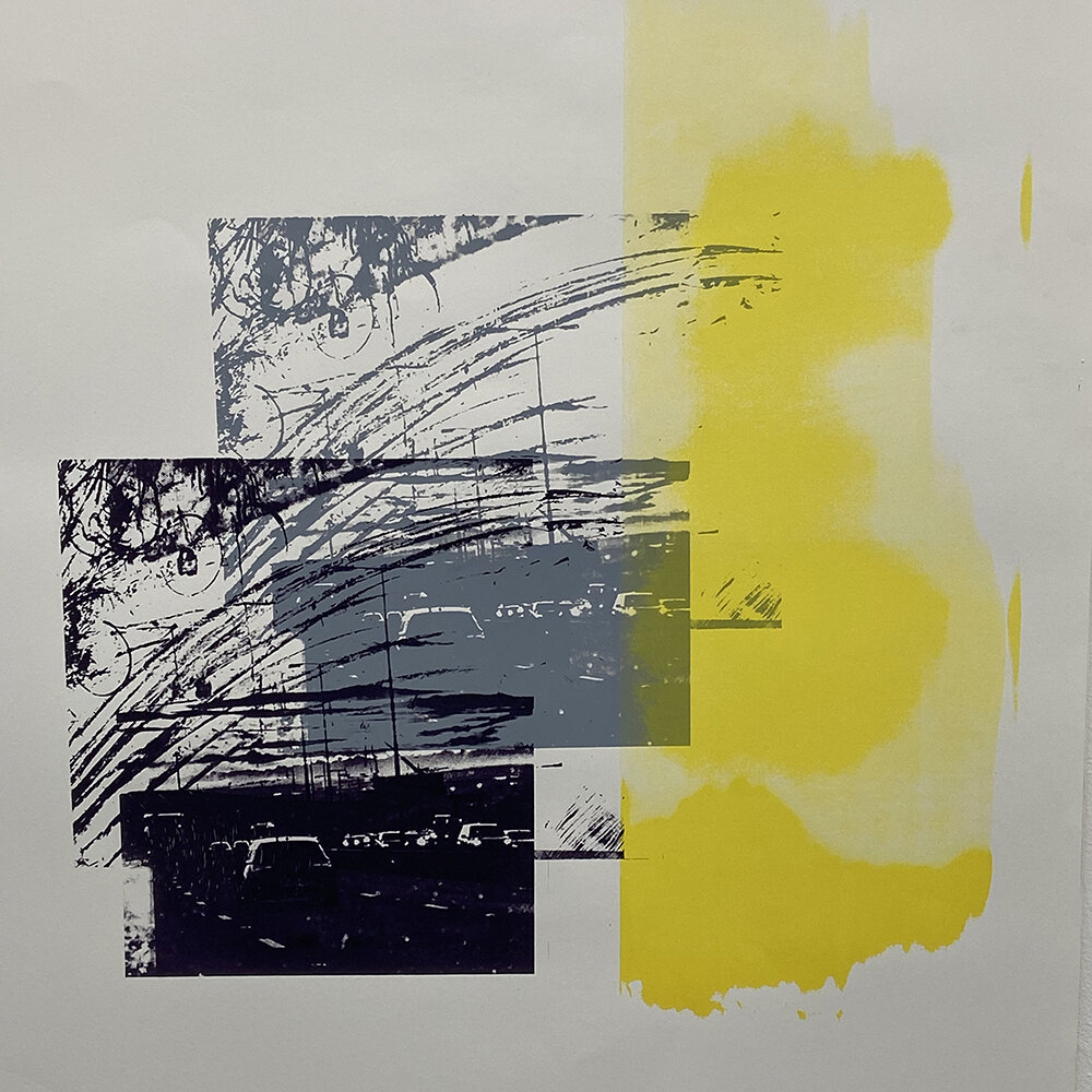 A layered screenprint by Louise Garman with pale rectangular photographic fragments over a dark scratched ground