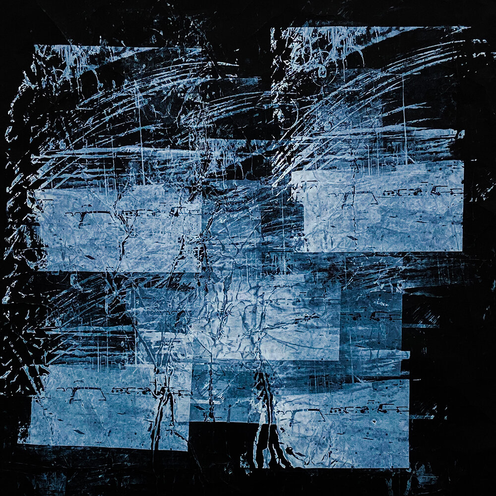 A layered screenprint by Louise Garman with dark blue rectangular photographic fragments over a pale scratched ground