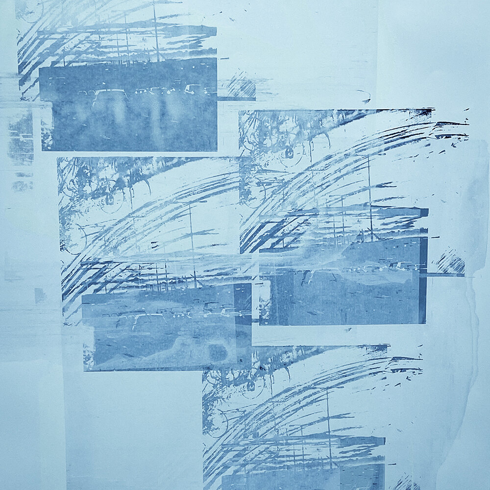 A layered screenprint by Louise Garman combining car silhouette imagery in black and white with a block of yellow