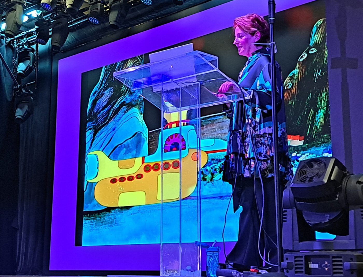 Louise Garman presenting the Yellow Submarine slide, Beatles talk