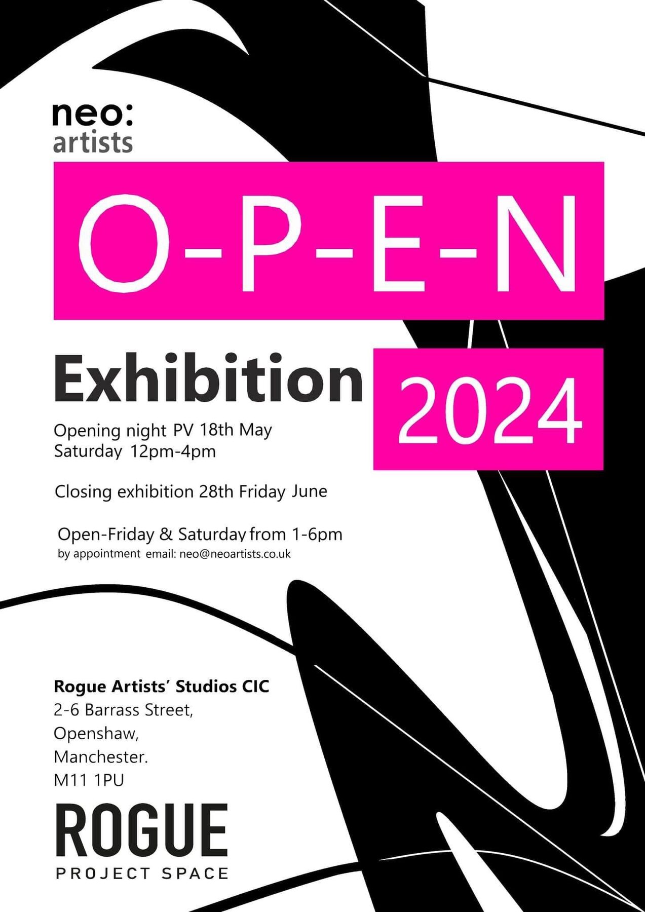 Poster for the NEO: Artists O-P-E-N Exhibition 2024 at Rogue Artists' Studios, Openshaw, Manchester