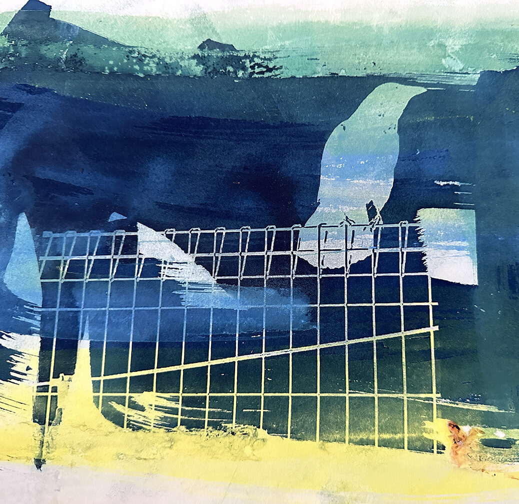 A blue and green print of a wire mesh fence, part of Louise's North Manchester park series
