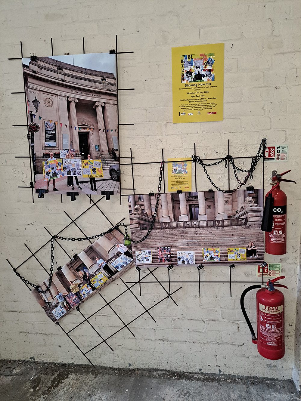 Wall display of photographs from the exhibition parade outside Bolton Town Hall