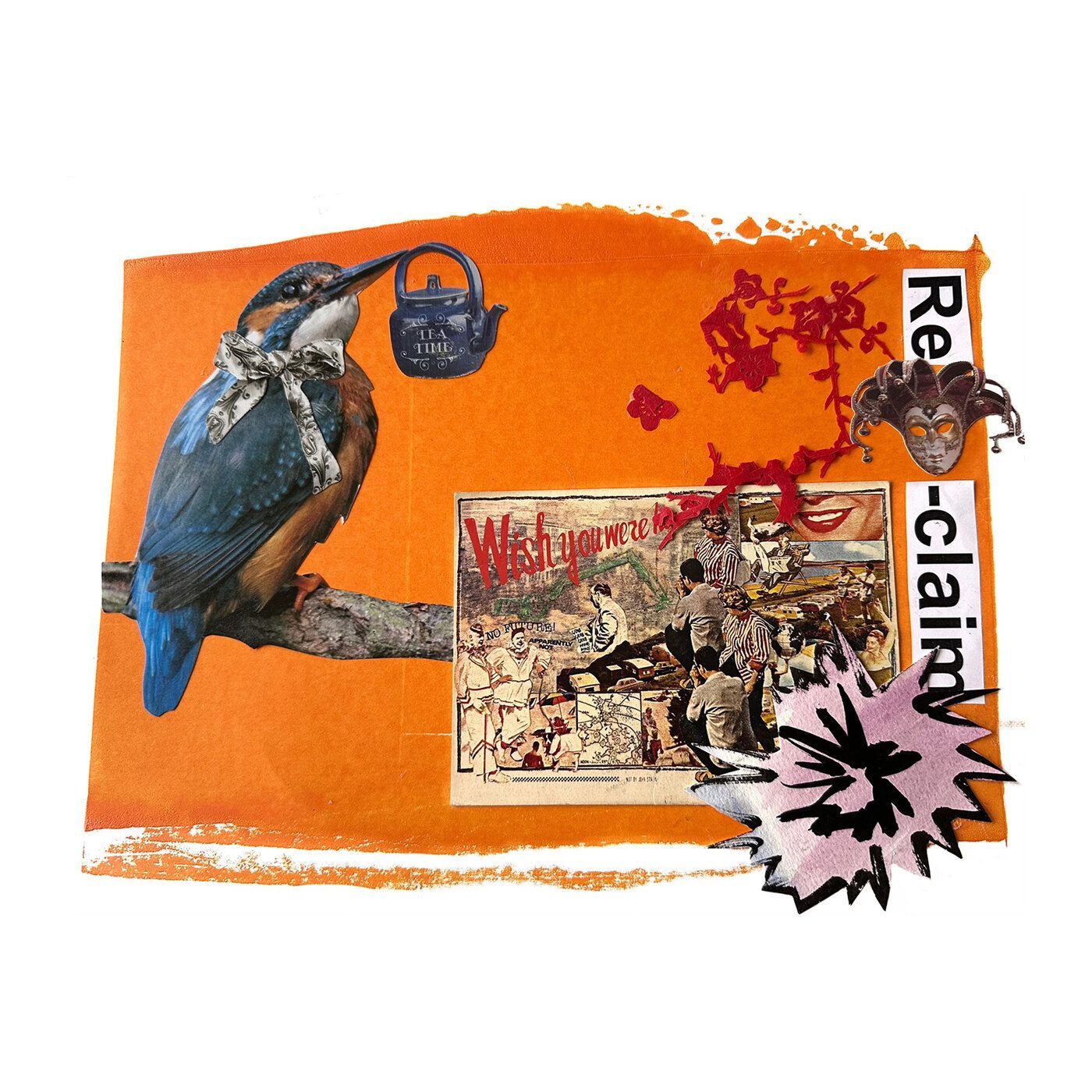 Mixed-media collage titled Reclaim, kingfisher on orange ground