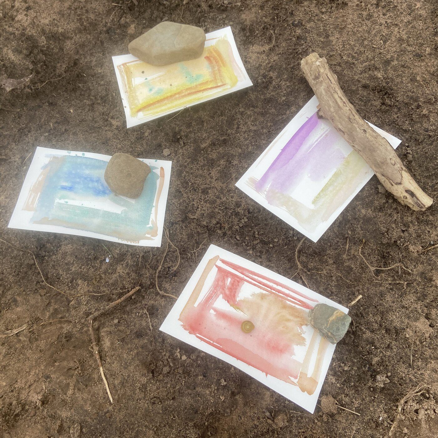 Watercolour swatch studies with stones and driftwood, outdoors