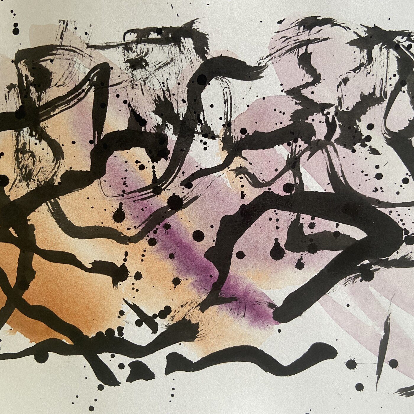 Black ink calligraphic sketch with orange and purple wash