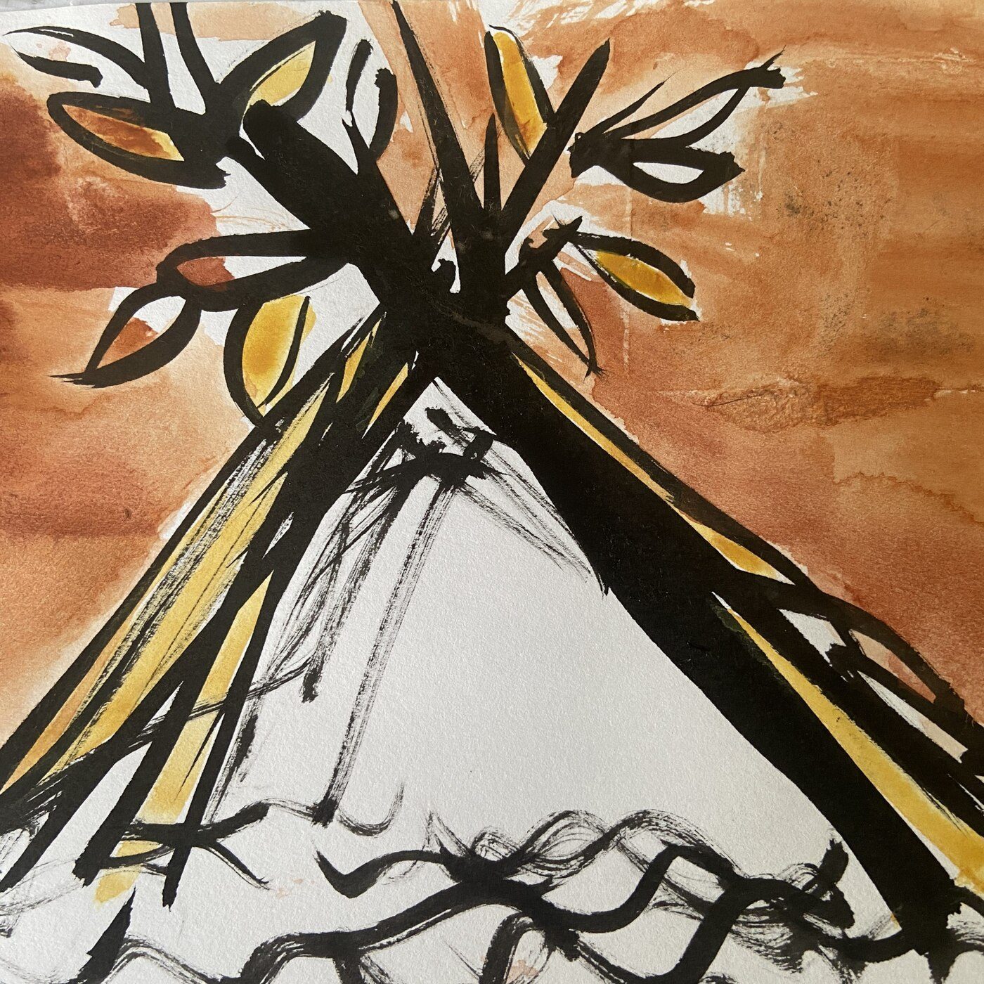 Black ink tree and leaf sketch with orange wash