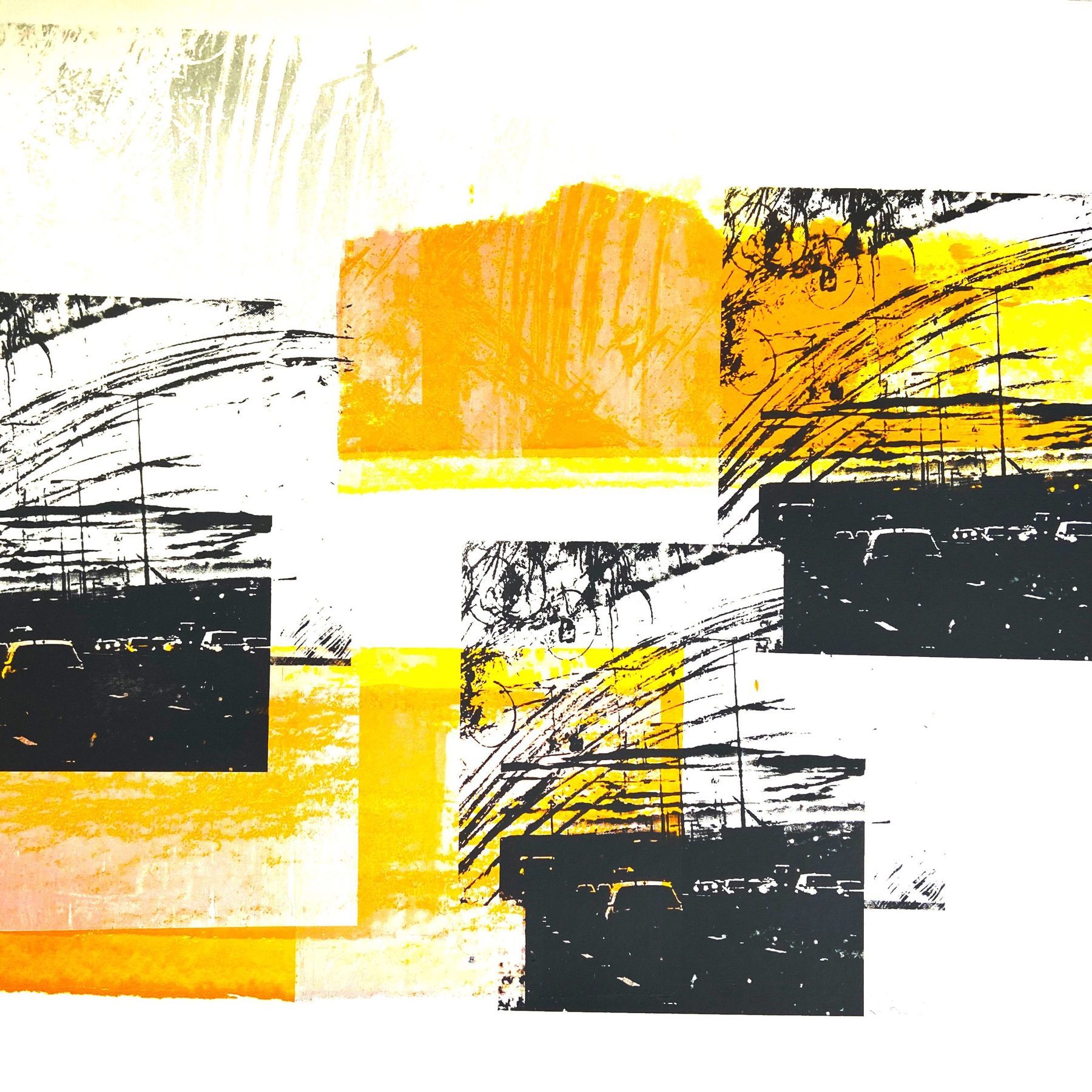 Cars Over Motorway Orange — silkscreen print of traffic on a motorway, in black and orange