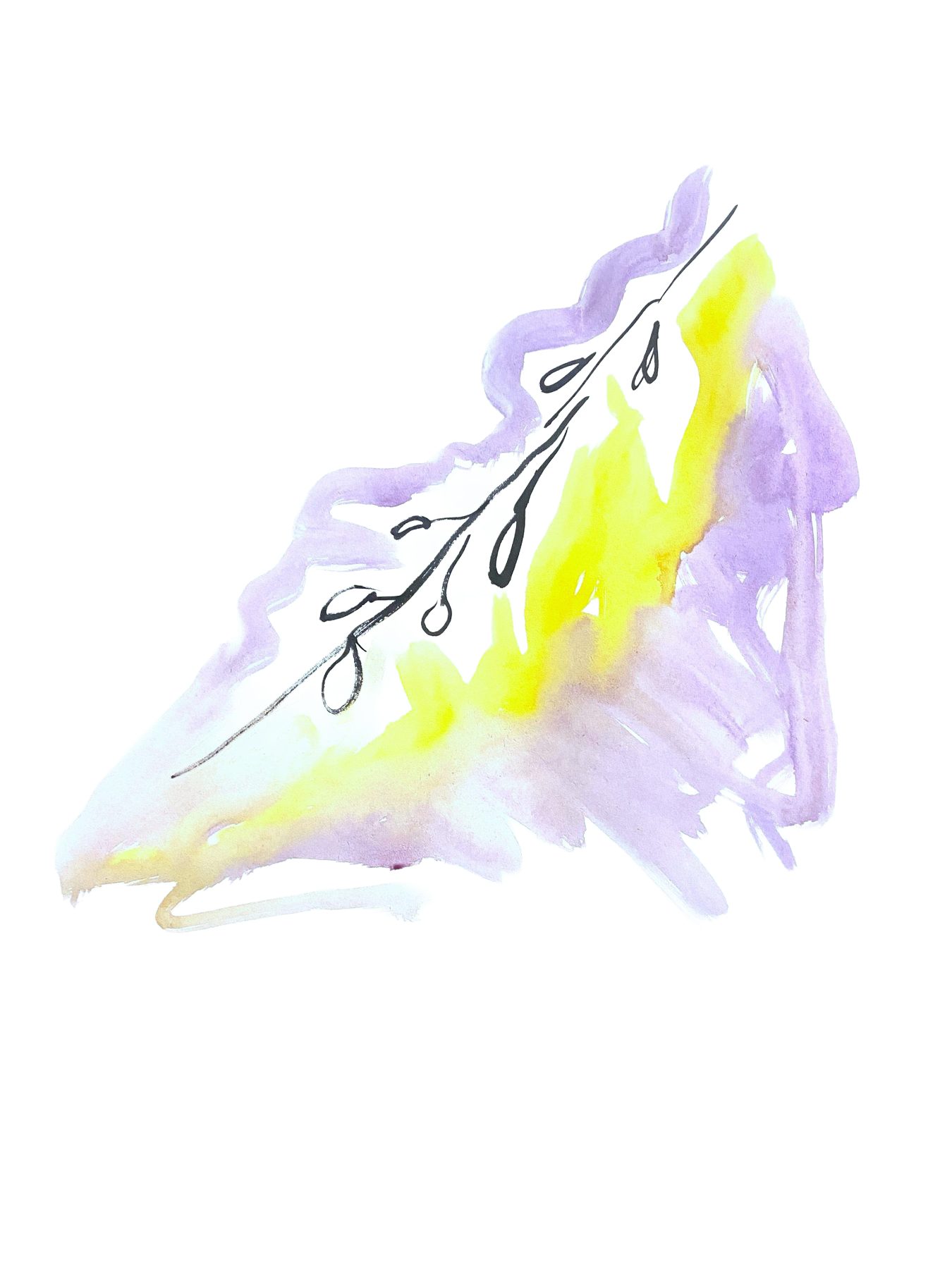 Leaf — giclee print of a line-drawn branch with a purple and yellow watercolour wash