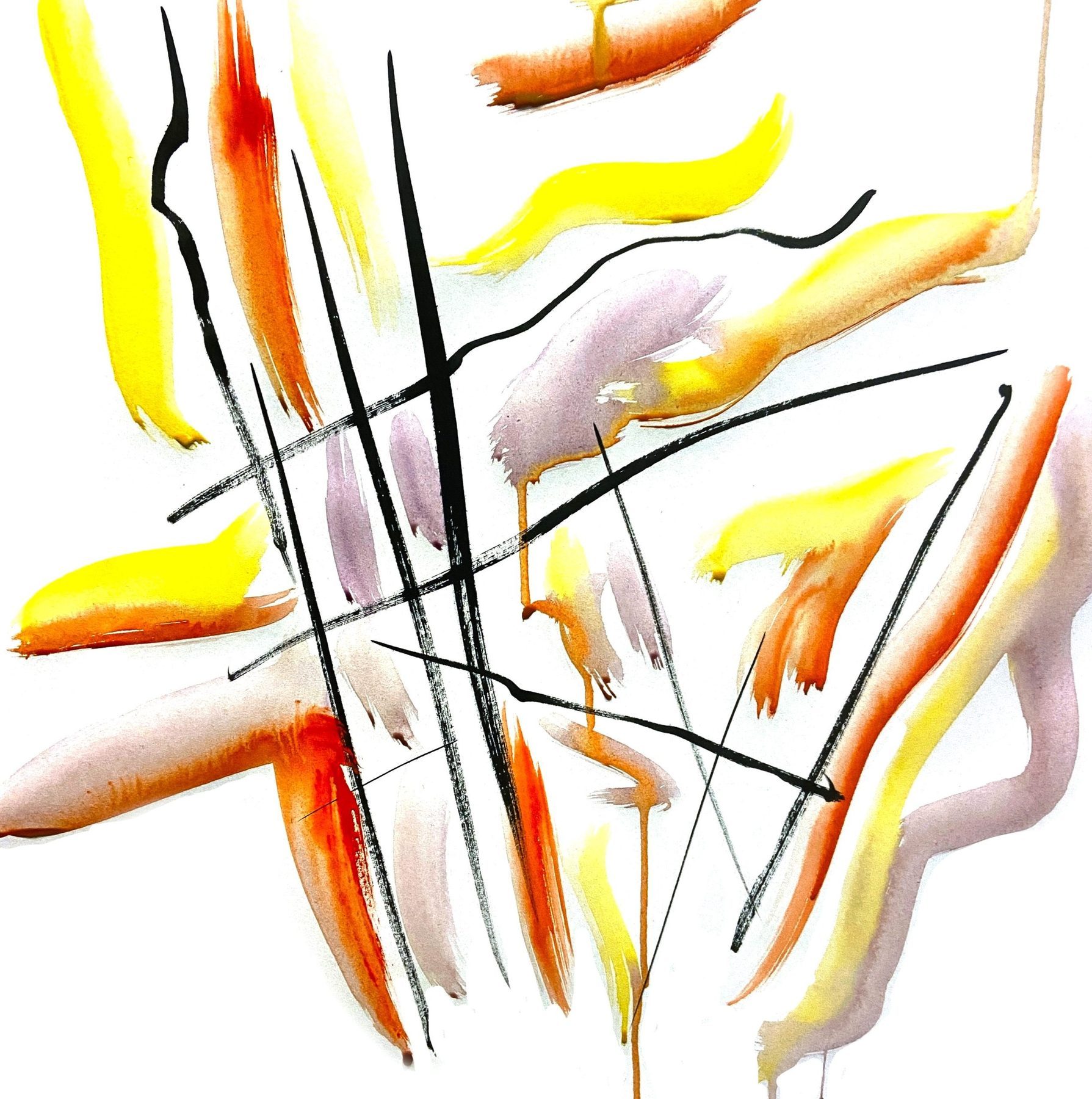 Nought & Crosses — abstract giclee print in yellow, orange and lilac with a crossed grid of black lines