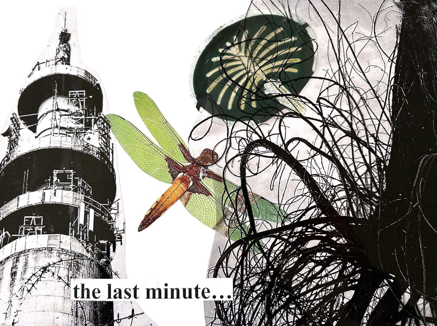 The Last Minute — collage giclee print featuring a dragonfly and a concrete tower