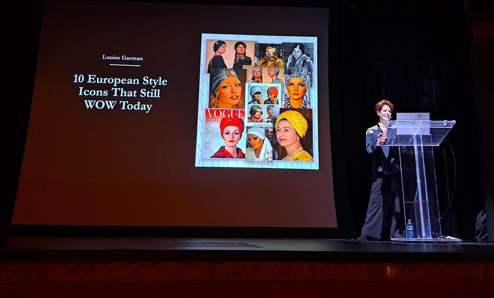 Louise Garman presenting European Style Icons That Still WOW Today, with a Vogue-covers moodboard on screen