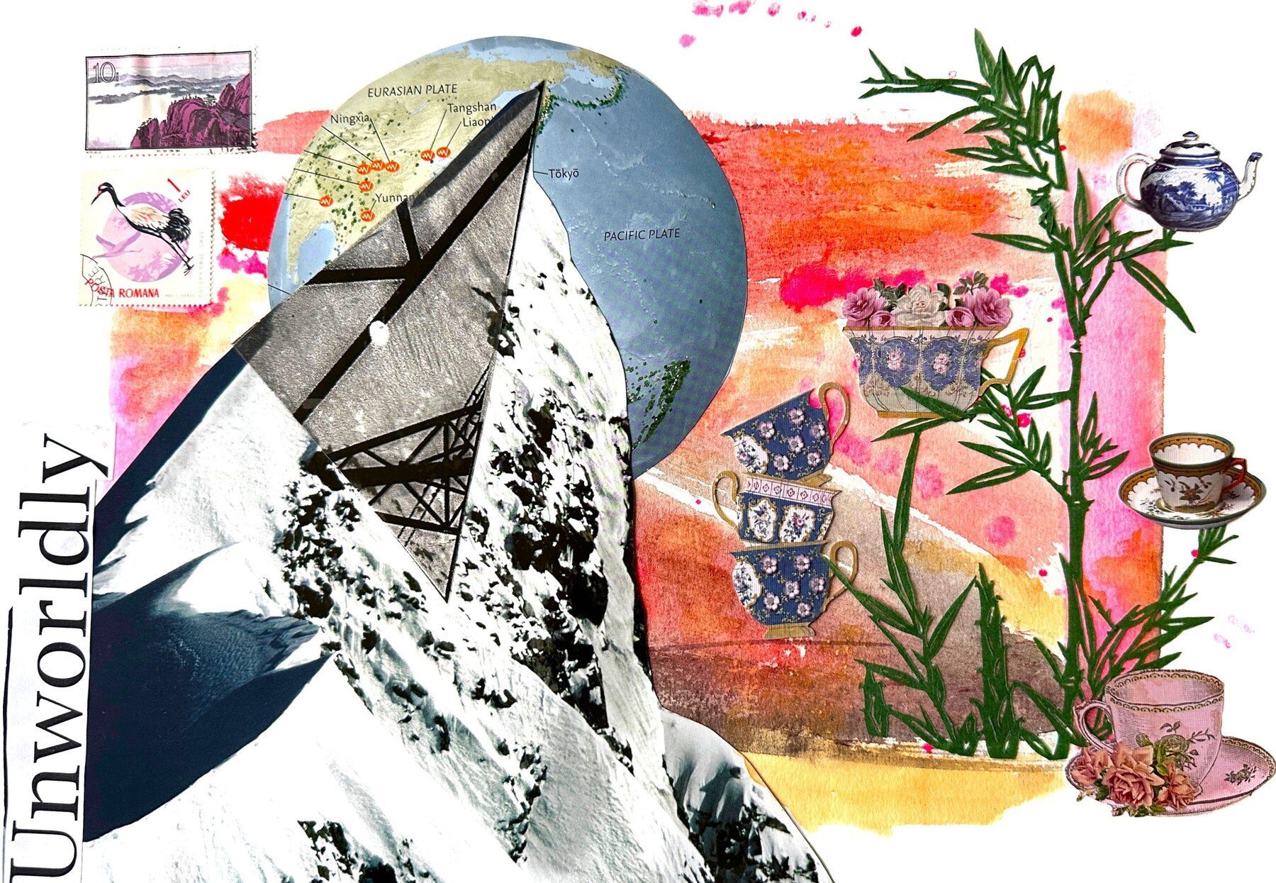 Unworldly — full collage with mountain photograph, tectonic plate map and vintage teacups